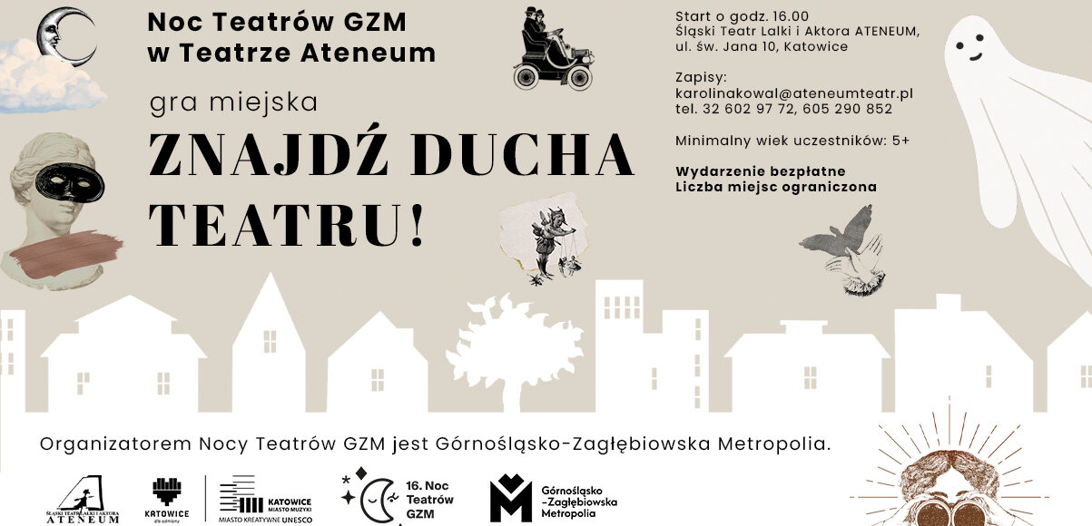 plakat reklamujący miejską grę: Znajdź ducha teatru